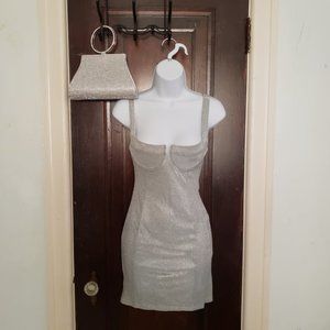 Underwire Silver Glitter Mini Party Dress Size 4 with Rhinestone Clutch Bag